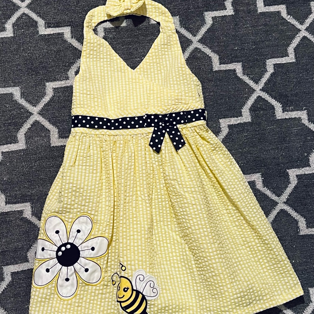 Yellow and White Seersucker Halter Dress with Flower and Bumblebee Appliqué